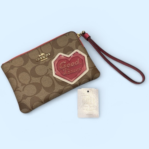 Coach Tan Wristlet with Pink Patch Good Times wallet card slots signature nwt